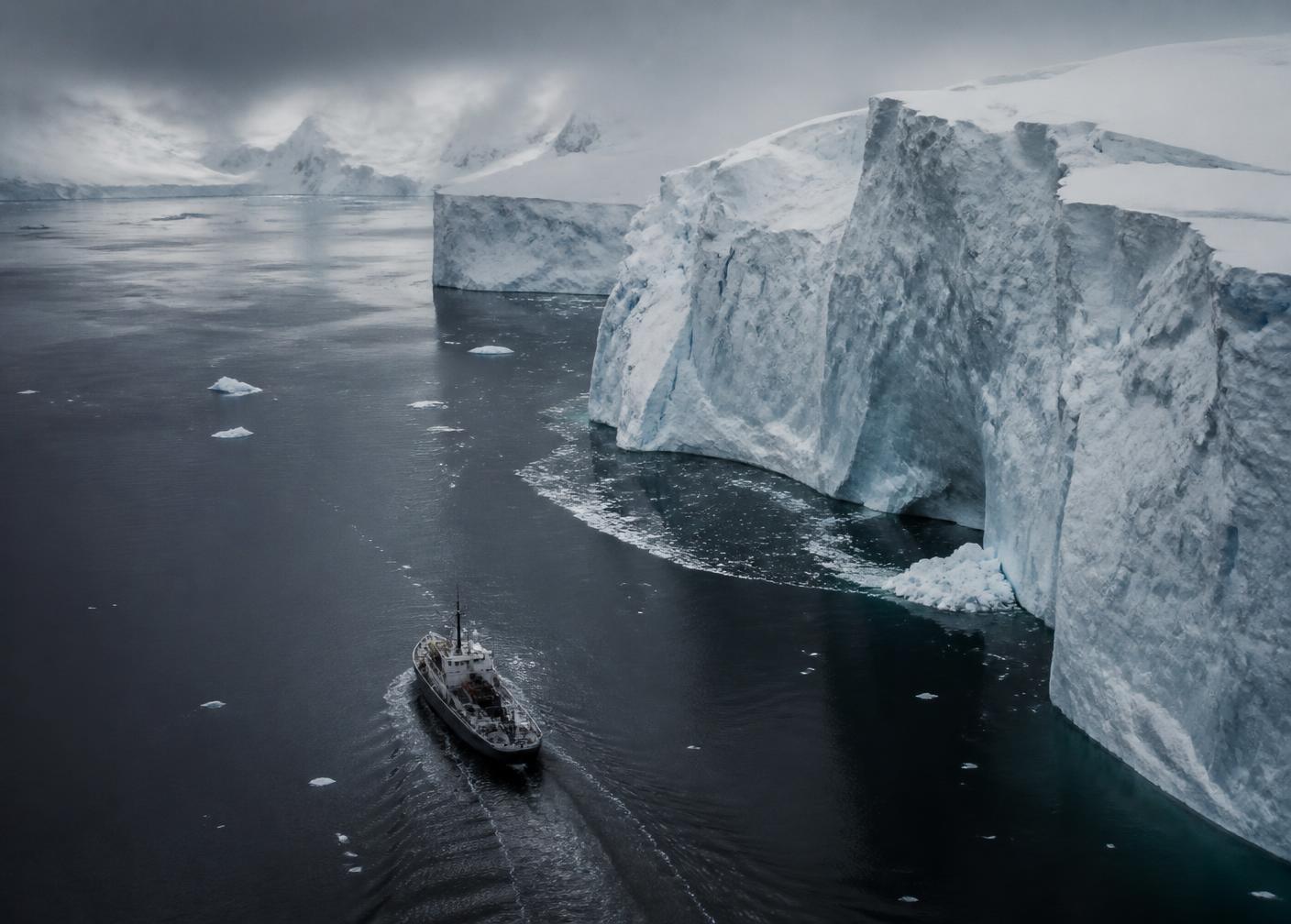 Expedition vessel beside polar ice cliffs