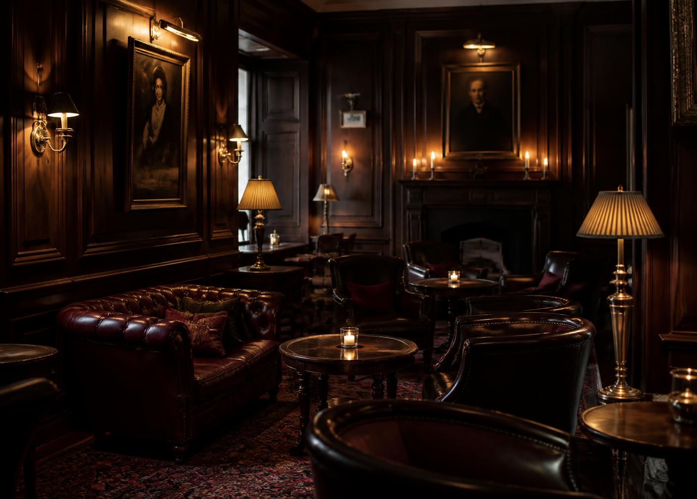 Candlelit panelled salon room with leather chairs
